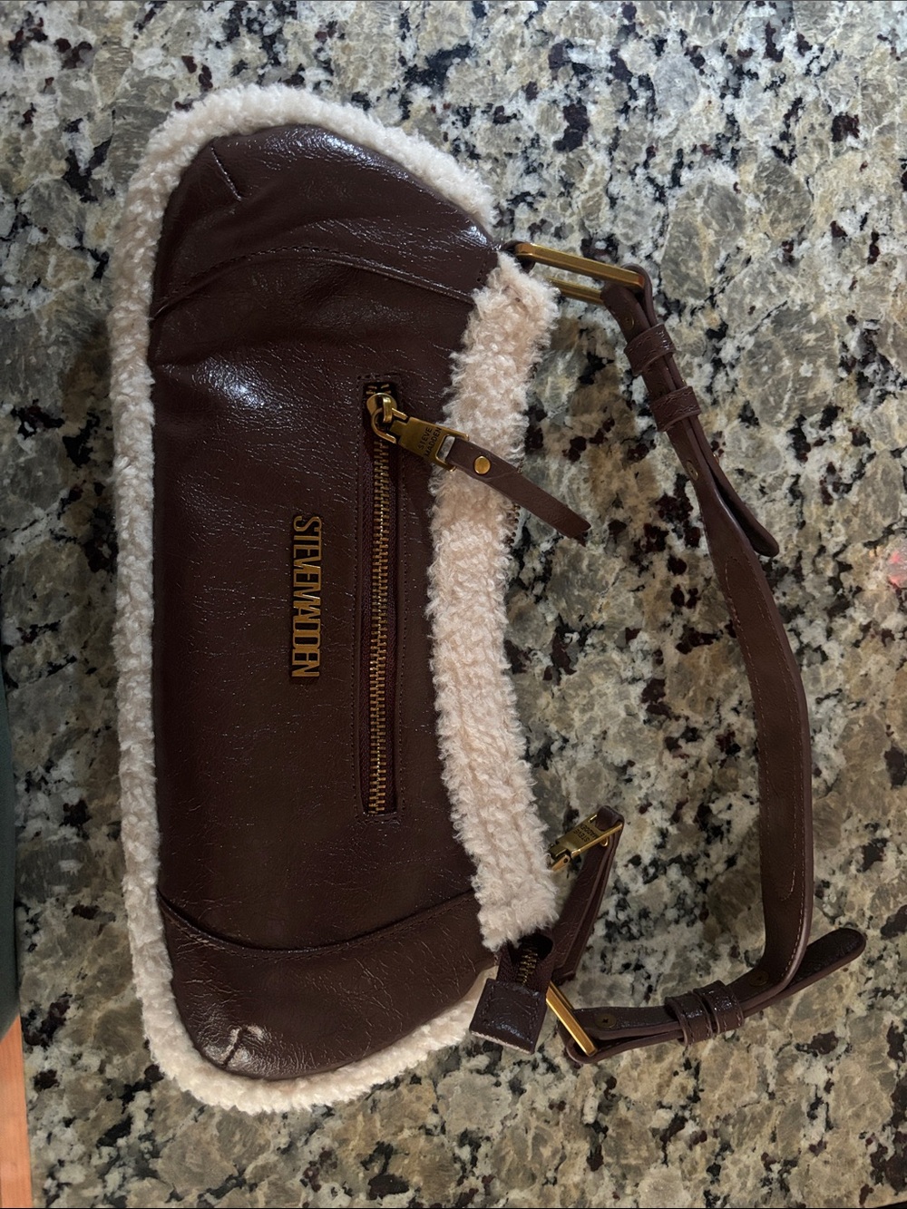 Steve Madden Chocolate Brown Faux Leather Mini Bag with Cream Shearling
